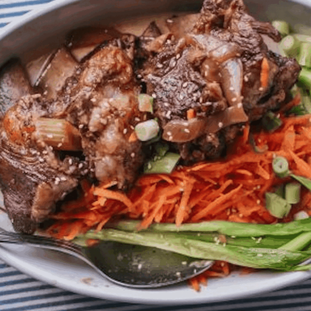 Braised short ribs served over shredded vegetables, topped with green onions and sauce.