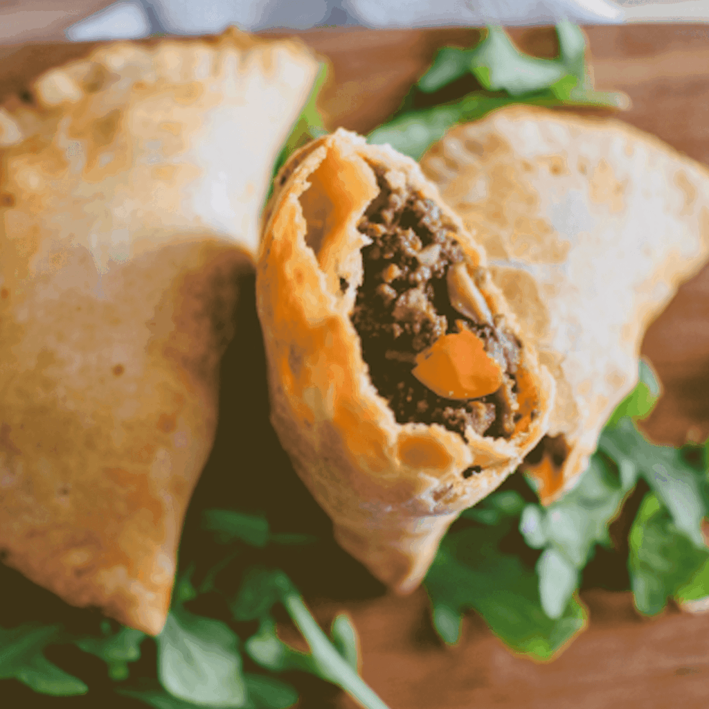 Golden-brown hand pies with a visible beef filling, served on a wooden surface with greens.